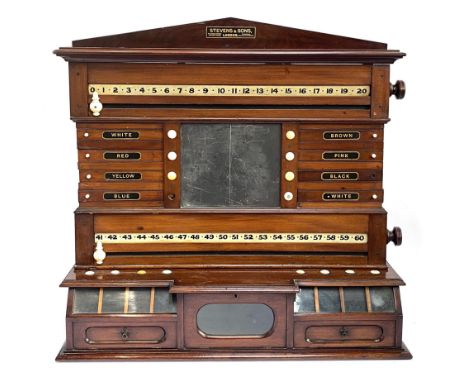 Early 20th century Stevens &amp; Sons London mahogany Snooker scoreboard, with triangular pediment over a central blackboard,