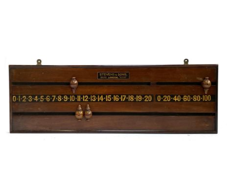 A Stevens and Sons, London mahogany snooker scoreboard, 80cmW