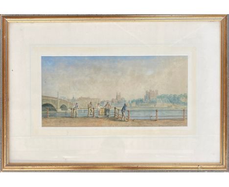 A 19th century watercolour, gents leaning against railings at Rochester Bridge, 20.5x43cm