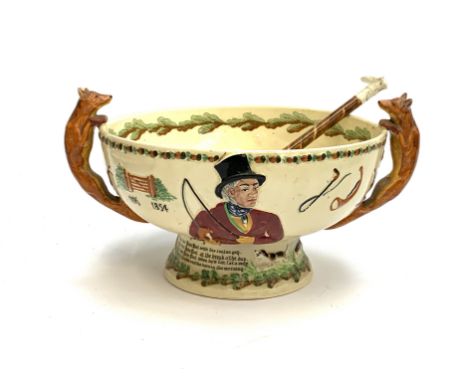 A Crown Devon Fieldings musical John Peel punch bowl decorated with hunting scenes and with fox handles, approx. 22cmD, with 