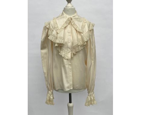 Two vintage Gina Fratini long sleeved shirts, one with lace collar and cuff detail, the other with ruffled collar, both UK si