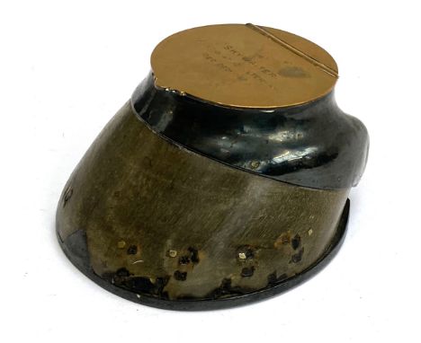 An early 20th century horse hoof inkwell 'Skywriter, killed at Cheltenham Dec. 29th 1932', stamped to base Rowland Ward Ltd P