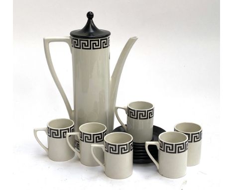 A Portmeirion greek key pattern coffee set comprising coffee pot, six cups and six saucers