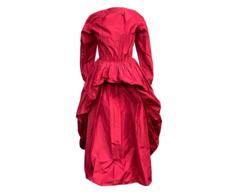 A vintage Bruce Oldfield red silk taffeta evening dress, with button cuffs and matching taffeta and leather belt by Paris Hou