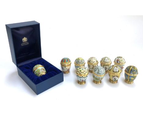 Ten Halcyon Days Easter commemorative trinket pot eggs, dating from 1980-1989