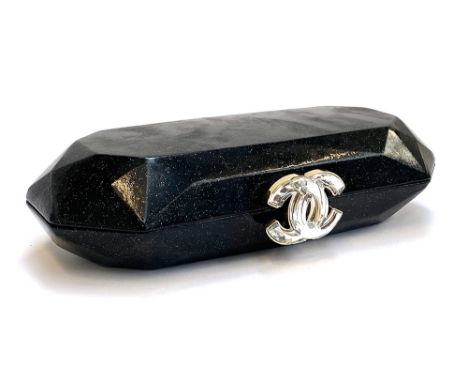 A Chanel 2008 Swarovski CC clasp black patent glitter clutch purse with black silk lining, with dustbag, 23.5cmW