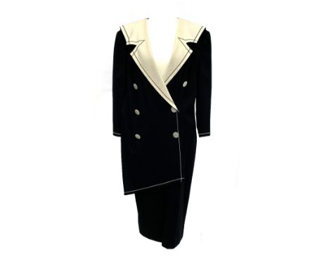 A vintage Louis Feraud asymmetric black and white wool dress with jacket detail, size UK 16