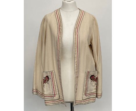 A vintage Janice Wainright linen jacket with embroidered trim and pocket detail, bears label 'by Janice Wainright at 47 Polan