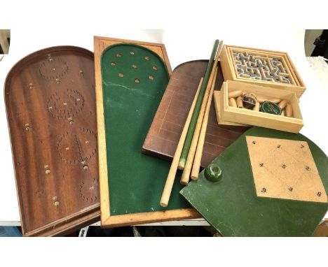 Vintage games: A vintage wooden Corinthian bagatelle board; scoreboard; table skittles etc 