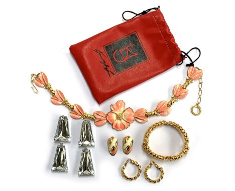 A collection of Ken Lane costume jewellery, to include large crystal drop earrings; cold painted enamel floral necklace and m