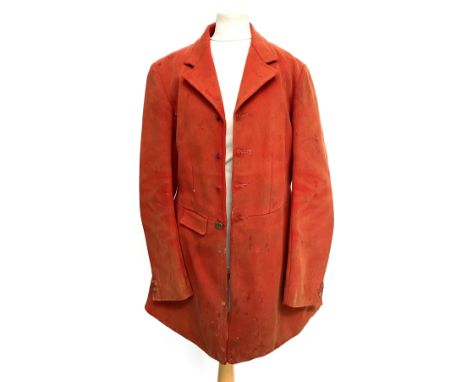 A Moss Bros ladies navy twill hunting coat with mustard collar (af); a gents red hunting coat with three buttons and tattersa