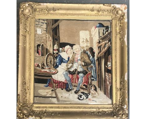 A 20th century tapestry of a fireside scene, in a gilt gesso frame, 45.5x42cm