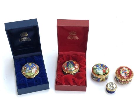 Four Halcyon Days Christmas commemorative trinket pots, dating from 2000-03, together with a small pill pot