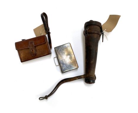 A leather saddle flask holder, 28cmL; together with a plated sandwich box with leather holder