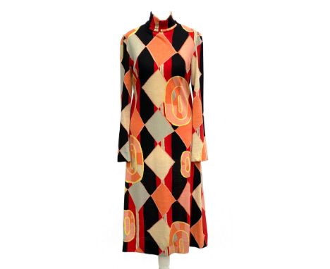 A vintage Ken Scott long sleeved wool dress with zip front, large geometric pattern, size 8