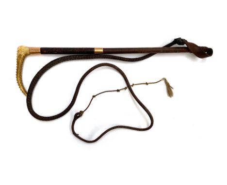 A gent's hunting whip by Callow, with two 15ct gold collars, the first collar inscribed IPING, the second bearing monogram AH