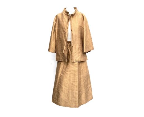 A vintage brown raw silk skirt and matching jacket, approx. size 10Provenance: from the wardrobe of The Late Duchess of Richm