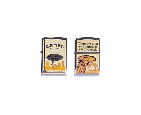 Two German-market Camel Zippo Lighters, both on brushed chrome, one translating as 'Cool Dude looking for a date with great t