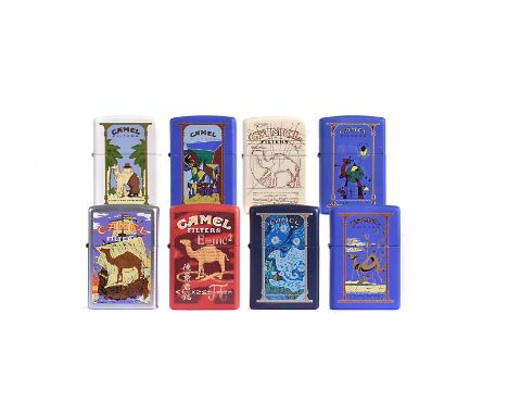 Camel Zippo Lighter Artist Pack Design, the eight-lighter set comprising Camel at Sea, Japanese, Camel Evolution, Art Deco, F
