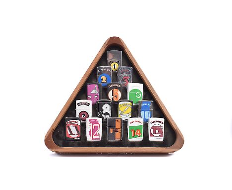 A 1996 Camel Pool Rack Zippo Lighter set,  comprising of 15 lighters representing the 15 balls, in fitted stand in the form o