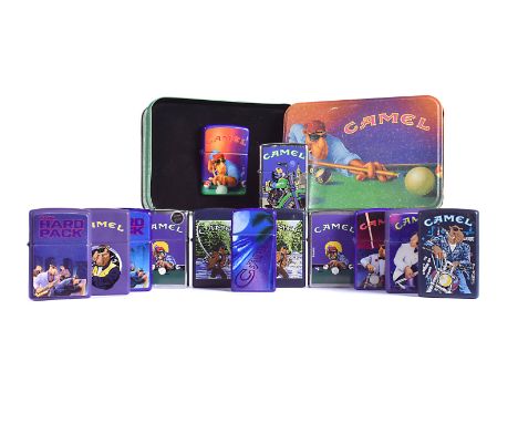 A collection of Joe Camel-related Zippo Lighters, various dates, comprising Pool Player (2), Joe Fishing (2), Joe on the Hand