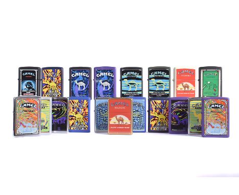 The Camel Zippo Lighter International Series, also known as the '19', comprising Riverbend on black and purple, Desert Mirage