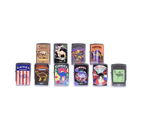The Camel Zippo Lighter Decade Series, consisting of ten brushed chrome lighters, featuring different images from 1900-1990, 