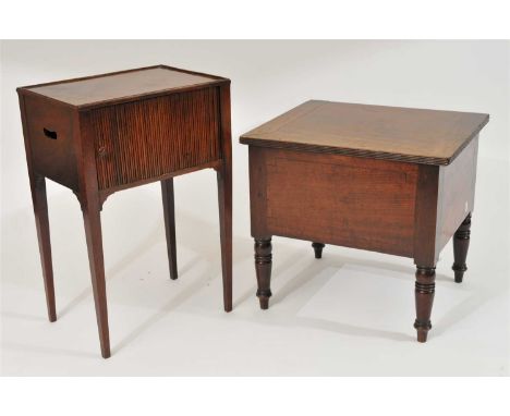 A small 19th century bedside cupboard, with a bordered tray top above a sliding tambour panelled door, raised on four squared