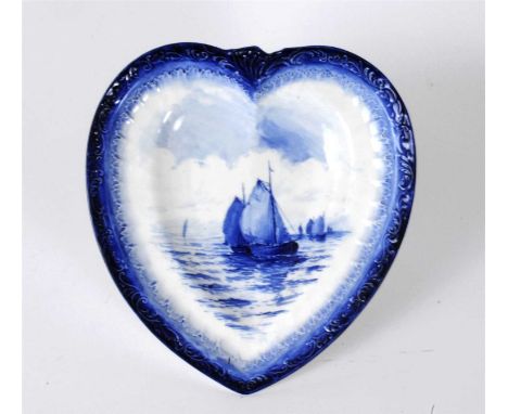 A Royal Crown Derby heart-shaped dish late 19th century, painted in the manner of W E J Dean with blue marine seascape within