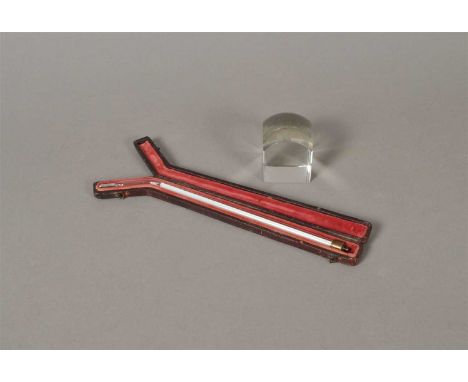 A boxed magnifying / thread counting glass, of squared form with canted corners and a domed top, 5.5 x 5 cm together with an 