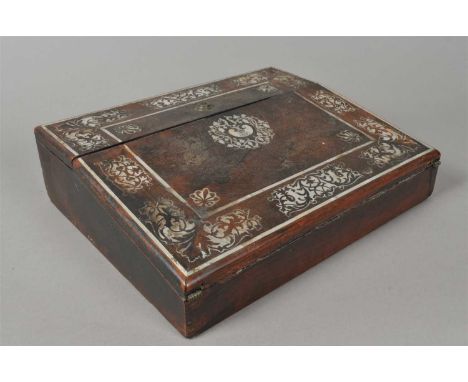 A Victorian mother-of-pearl inlaid rosewood veneered travelling writing slope, the sloped hinged cover inlaid with cut mother