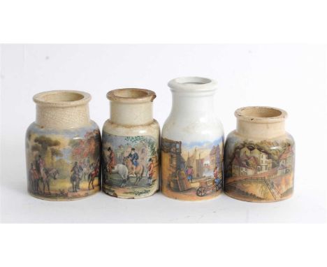 Four English prattware paste jars, mid-19th century, including Pegwell Bay, tall Continental scene, Fox Hunting and one furth