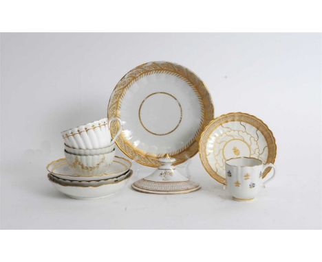 A collection of Caughley polychrome porcelain circa 1780-92, comprising coffee cup and saucer in the Ladies Sprigs pattern, t