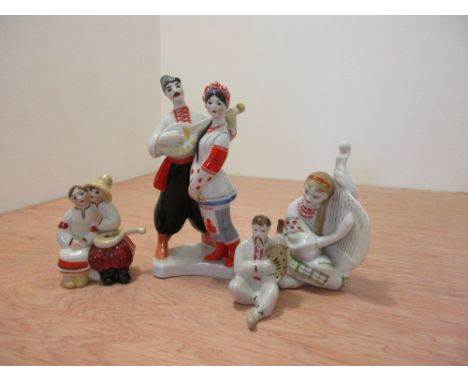 Four Soviet porcelain groups featuring the balaika, the tallest of the two Kiev groups of a man playing the instrument to his