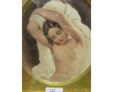 Jenny Megnot - Portrait of 'Meg' disrobing, watercolour in an oval mount and decorative frame, 21 x 18 cm  