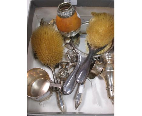 A quantity of silver to include flatware, mirror, brush, mug etc  