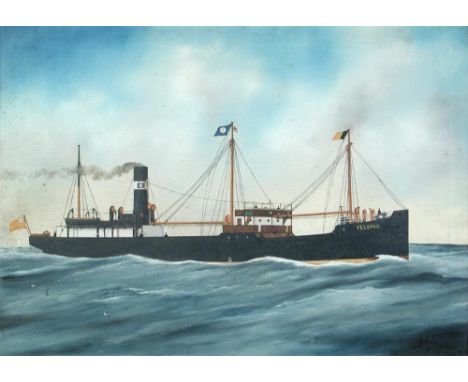Alfred J Jansen (Dutch, 1859-1935) View of the coaster "Felspar" flying the Belgian Courtesy flag signed lower left "A J Jans