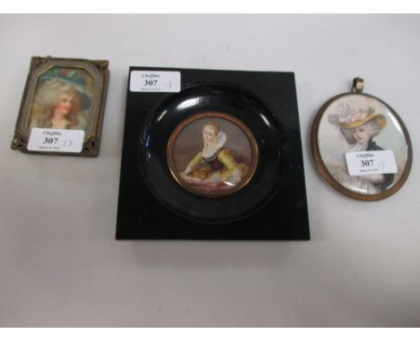 A miniature portrait study of a a lady, signed Berger, another miniature in an ebonised frame and a small vanity box inset wi