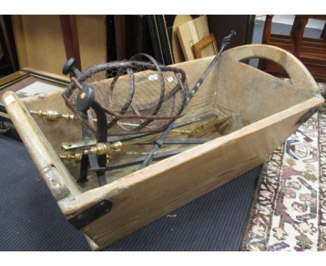 A dough bin, fire tools, a pair of andirons, etc  