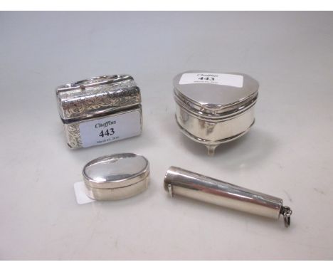 A Victorian silver snuff box fashioned as a gladstone bag, a heart shaped trinket box, a cheroot holder and a vinigarette (4)