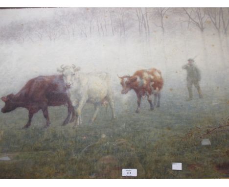 Richard Henry Brock (British, 1871-1943) Cows in the mist, Grantchester signed lower left "R H Brock 1896" watercolour 48 x 7