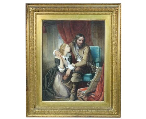 English School  (19th Century) A Cavalier and his sweetheart admiring a picture print 44 x 33cm (17 x 13in)  Under glass and 