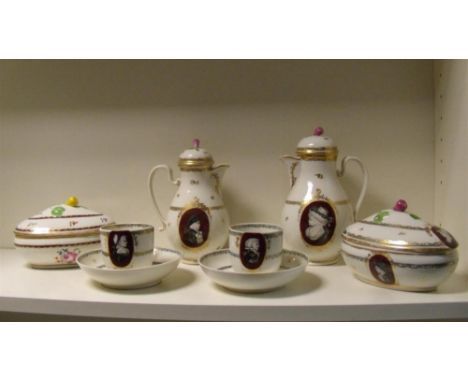 A late 18th/early 19th century Vienna porcelain part coffee service, each painted with grisaille profiles of ladies and gentl