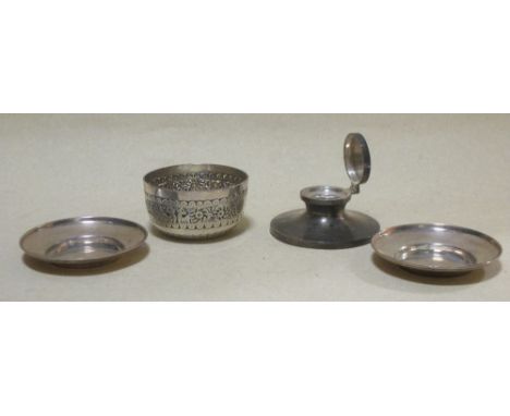 A silver bowl with Indian style decoration, London 1883, together with a silver inkwell, Birmingham, 1857, and a pair of silv