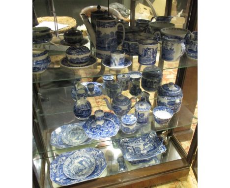 A collection of Spode 'Old Italian' pattern blue and white, including a large mug 'Auld Lang Syne', two preserve jars, a shav