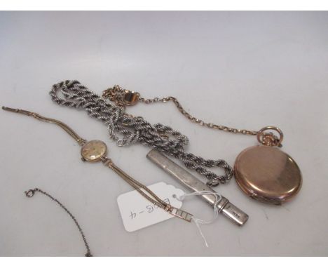 A Waltham pocket chain with yellow metal chain and 9ct tigers eye fob, a ladys 9ct wristwatch, an amethyst necklace, cornelia