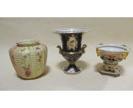 A Royal Worcester vase, a Derby imari urn and a Worcester floral and gilt decorated urn (3)  