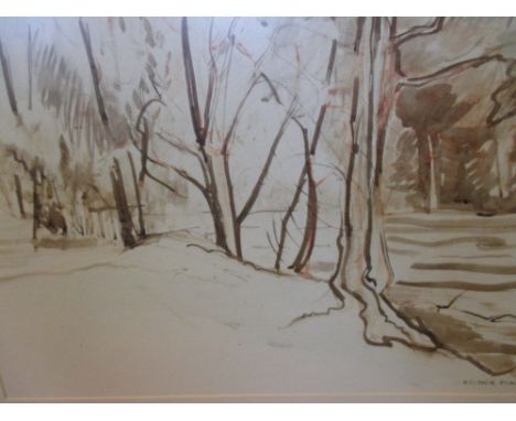 Heather Francis, Woodland, wet weather study, watercolour, signed 35 x 48cm and Ken Burton, Ely from the river, print 24 x 54
