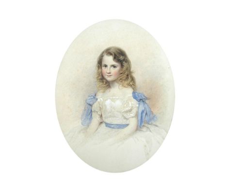 Circle of George Richmond, RA (British, 1809-1896) Portrait of a young girl in a white lace dress with blue sash and blue-rib