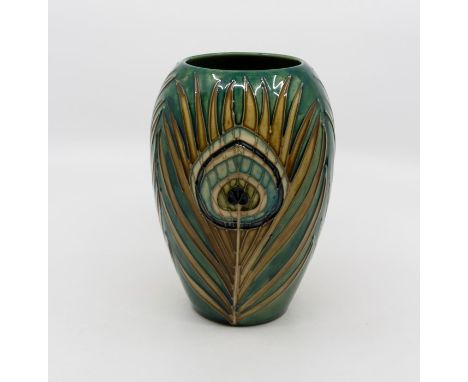 Moorcroft Peacock Feathers slender ovoid form vase, made for Liberty, marked to base, circa 1988, 18 cms tall approxIn good c